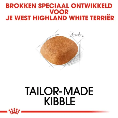 Brokken speciaal ontwikkeld voor je West Highland White Terriër. Afbeelding van een brok. Tekst: Tailor-made kibble.