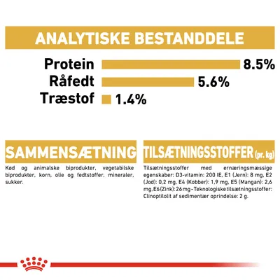 Analytiske bestanddele: protein 8,5 %, råfedt 5,6 %, træstof 1,4 %. Sammensætning: kød, animalske og vegetabilske biprodukter, korn, olie, fedtstoffer, mineraler, sukker. Tilsætningsstoffer pr. kg: D3-vitamin 200 IE, E1 8 mg, E2 0,2 mg, E4 1,9 mg, E5 2,6 mg, E6 26 mg, clinoptilolit 2 g.