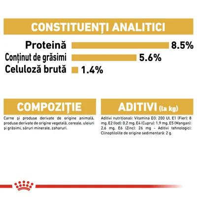 Constituenți analitici: proteină 8,5 %, conținut de grăsimi 5,6 %, celuloză brută 1,4 %. Compoziție: carne, produse animale, vegetale, cereale, uleiuri, săruri minerale, zaharuri. Aditivi nutriționali și tehnologici listați.