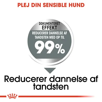 PLEJ DIN SENSIBLE HUND. Dokumenteret effekt: reducerer dannelse af tandsten med op til 99 %. Reducerer dannelse af tandsten.