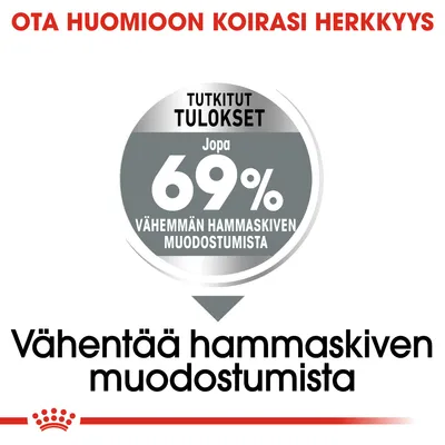 Tutkitut tulokset: jopa 69 % vähemmän hammaskiven muodostumista. Vähentää hammaskiven muodostumista. Ota huomioon koirasi herkkyys.