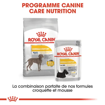 Royal Canin Dermacomfort Maxi croquettes et Dermacomfort All Sizes mousse 85 g, programme Canine Care Nutrition, combinaison parfaite de formules croquette et mousse pour chiens.