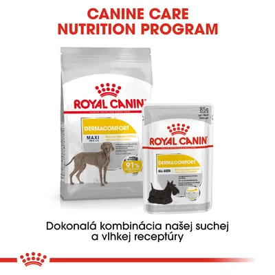 Royal Canin Dermacomfort Maxi suché krmivo a Dermacomfort All Sizes kapsička pre psov. Text: Dokonalá kombinácia našej suchej a vlhkej receptúry.