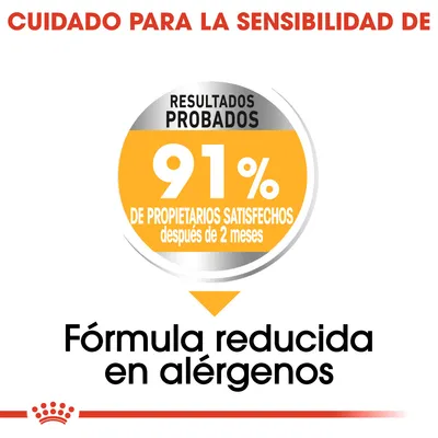 Cuidado para la sensibilidad. Resultados probados: 91 % de propietarios satisfechos después de 2 meses. Fórmula reducida en alérgenos.
