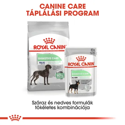Royal Canin Digestive Care száraz és nedves kutyaeledel csomagolás, felirat: Száraz és nedves formulák tökéletes kombinációja. 97% emészthetőség látható a csomagon.