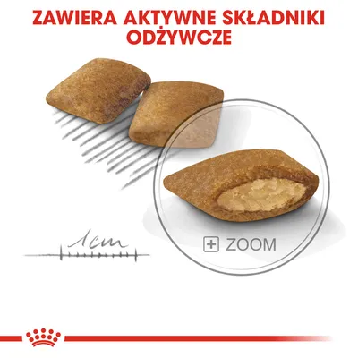 Zawiera aktywne składniki odżywcze. Przekrój pojedynczego kawałka karmy, widoczna wielkość ok. 1 cm.