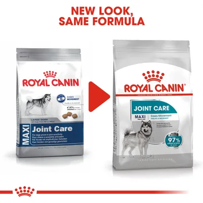 Royal Canin Joint Care Maxi packaging change shown, highlighting new look with same formula. Key features: eases movement, 97% owner satisfaction, suitable for large dogs prone to joint sensitivity.