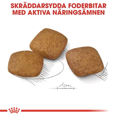 Skräddarsydda foderbitar med aktiva näringsämnen, tre fyrkantiga bitar visas bredvid en skala som markerar 1 cm.