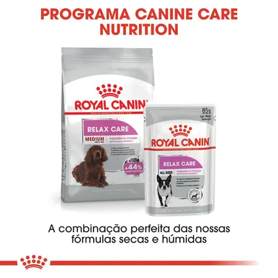 Royal Canin Relax Care Medium ração seca e Royal Canin Relax Care All Sizes alimento húmido para cães. Texto: A combinação perfeita das nossas fórmulas secas e húmidas.