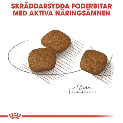 Tre foderbitar, cirka 1 cm stora, med texten: Skräddarsydda foderbitar med aktiva näringsämnen.