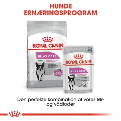 Royal Canin Relax Care tørfoder MINI og vådfoder ALL SIZES til hunde. Tekst: HUNDE ERNÆRINGSPROGRAM, Den perfekte kombination af vores tør- og vådfoder.