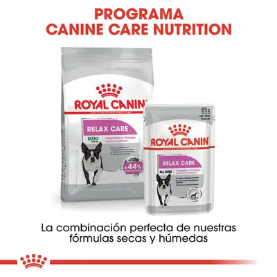 Royal Canin Relax Care MINI y ALL SIZES, adaptación a cambios. Fórmulas secas y húmedas. +44 % social behavior. 85 g. Programa Canine Care Nutrition.