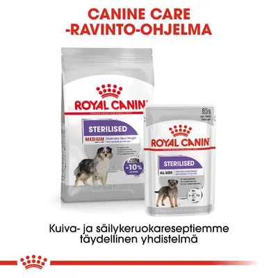 Royal Canin Sterilised Medium -kuivaruoka ja Sterilised All Sizes 85 g -säilykeruoka koirille. Teksti: Canine Care -ravinto-ohjelma. Kuiva- ja säilykeruokareseptiemme täydellinen yhdistelmä.