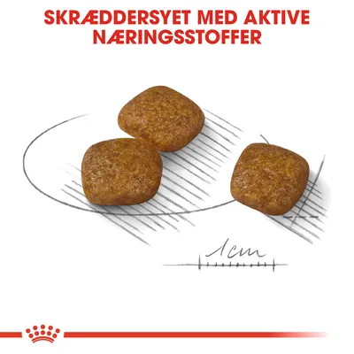 Tre firkantede foderpiller med tekst: SKRÆDDERSYET MED AKTIVE NÆRINGSSTOFFER. Størrelsesangivelse: 1 cm.