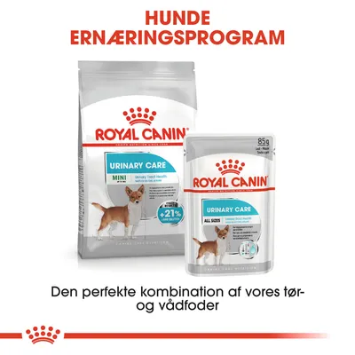 Royal Canin Urinary Care tørfoder MINI og vådfoder ALL SIZES til hunde. Tekst: Hunde ernæringsprogram. Den perfekte kombination af vores tør- og vådfoder.