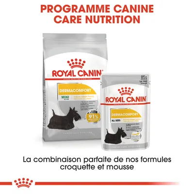 Royal Canin Dermacomfort MINI croquettes et Dermacomfort ALL SIZES sachet 85 g, programme Canine Care Nutrition. Texte visible : La combinaison parfaite de nos formules croquette et mousse.