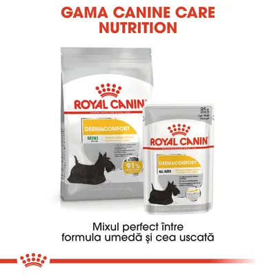 Pachet hrană pentru câini Royal Canin Dermacomfort: sac MINI și plic ALL SIZES, text vizibil „Mixul perfect între formula umedă și cea uscată”, 91% satisfacție, 85 g pe plic.