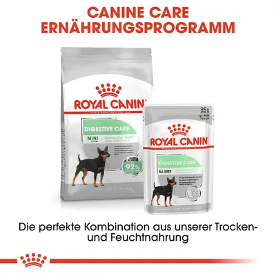 Royal Canin Digestive Care Trocken- und Feuchtnahrung. Perfekte Kombination für verbesserte Stuhlqualität. Ergebnis: 92% Zufriedenheit. Canine Care Ernährungsprogramm.