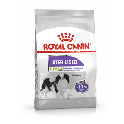 Pachet Royal Canin Sterilised X-Small pentru câini, text vizibil: Maintains Ideal Weight, -11% calories, imagine câine mic alb-negru pe ambalaj.