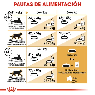 Pautas de alimentación para gatos según peso y nivel de actividad: 3–4 kg, 5–6 kg, 7–8 kg; cantidades en gramos para pienso solo o combinado con sobre Royal Canin Intense Beauty.