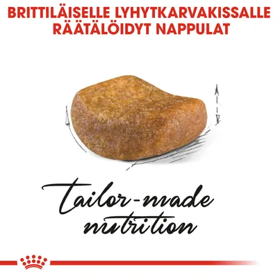 Brittiläiselle lyhytkarvakissalle räätälöidyt nappulat. Teksti: tailor-made nutrition. Yksi ruskea nappula näkyvissä.