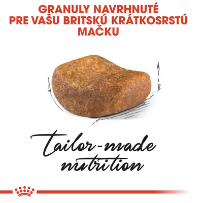 Granuly navrhnuté pre britskú krátkosrstú mačku, text: tailor-made nutrition. Zobrazený detail jednej granule.