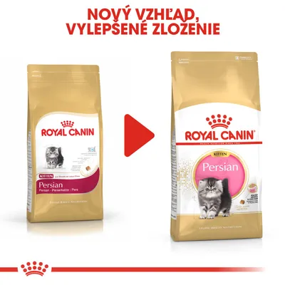 Porovnanie starého a nového balenia Royal Canin Kitten Persian s textom: Nový vzhľad, vylepšené zloženie. Obe balenia zobrazujú mačiatko perzskej mačky.