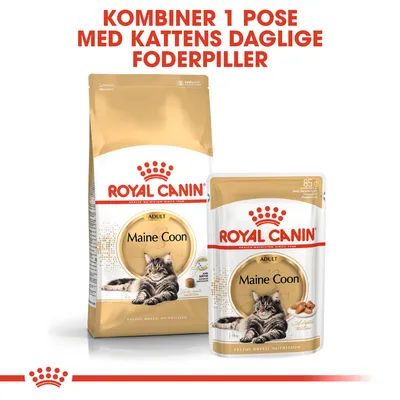 ROYAL CANIN Maine Coon Adult tør- og vådfoder. Tekst: Kombiner 1 pose med kattens daglige foderpiller. Synlig kat på emballagen.