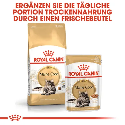 Royal Canin Maine Coon Adult. Ergänzen Sie die tägliche Portion Trockenfutter durch einen Frischebeutel. Verpackungen für Trocken- und Nassfutter abgebildet.