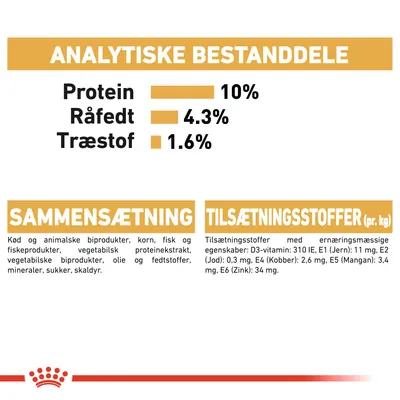 Analytiske bestanddele: protein 10 %, råfedt 4,3 %, træstof 1,6 %. Sammensætning: kød, animalske biprodukter, korn, fisk, vegetabilske ingredienser. Tilsætningsstoffer pr. kg angivet.