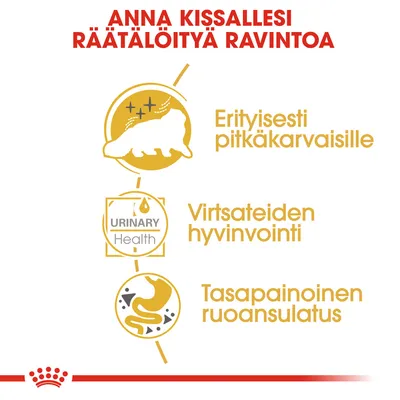 Anna kissallesi räätälöityä ravintoa. Erityisesti pitkäkarvaisille, virtsateiden hyvinvointi, tasapainoinen ruoansulatus. URINARY Health.