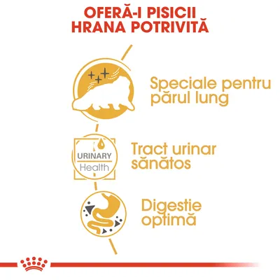 OFERĂ-I PISICII HRANA POTRIVITĂ. Speciale pentru părul lung. Tract urinar sănătos. Digestie optimă. Text în limba română, include pictograme relevante.