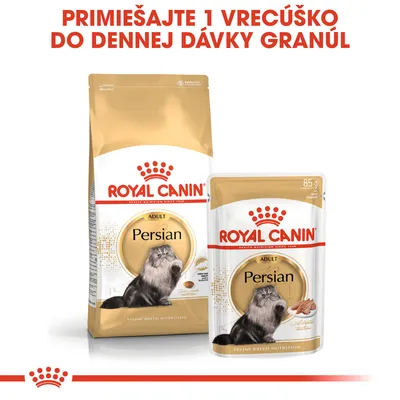 ROYAL CANIN Persian Adult granule a kapsička 85 g. Text: Primiešajte 1 vrecúško do dennej dávky granúl.