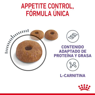 Pienso con forma de aro. Texto: Appetite control, fórmula única. Contenido adaptado de proteína y grasa. L-carnitina. Marca Royal Canin.