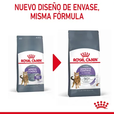 Royal Canin Appetite Control para gatos, muestra cambio de diseño de envase con el texto: Nuevo diseño de envase, misma fórmula. Se ven ambos paquetes y logotipo Royal Canin.