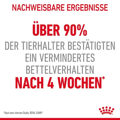 Nachweisbare Ergebnisse: Über 90% der Tierhalter bestätigten ein vermindertes Bettelverhalten nach 4 Wochen. Nach einer internen Studie, Royal Canin.