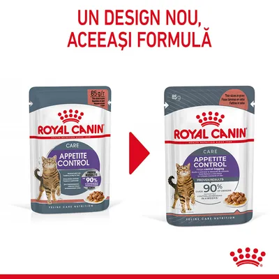 Royal Canin Appetite Control pentru pisici, prezentare cu vechiul și noul ambalaj. Text: Un design nou, aceeași formulă. Ambalaje de 85 g.
