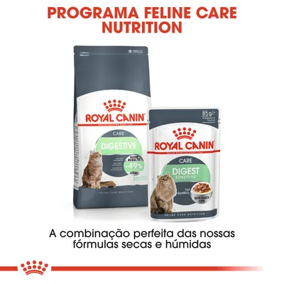 Royal Canin Care Digestive ração seca e húmida para gatos. Texto visível: Programa Feline Care Nutrition, Digest Sensitive, combinação perfeita das nossas fórmulas secas e húmidas.