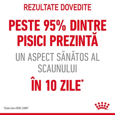 Rezultate dovedite: peste 95% dintre pisici prezintă un aspect sănătos al scaunului în 10 zile. *Studiu intern ROYAL CANIN.