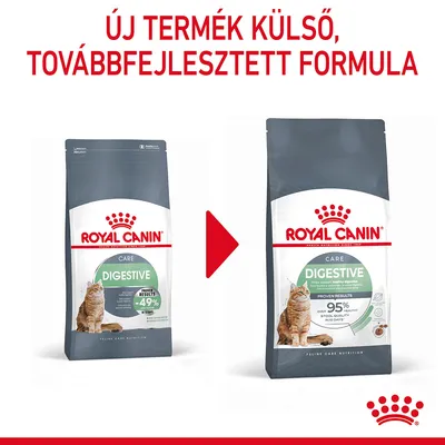 ROYAL CANIN CARE DIGESTIVE macskaeledel csomagolásváltás: balra régi, jobbra új külső. Felül: Új termék külső, továbbfejlesztett formula.