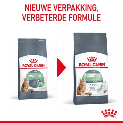 Royal Canin Care Digestive kattenvoer, oude en nieuwe verpakking naast elkaar. Tekst boven: 'Nieuwe verpakking, verbeterde formule'. Op de zakken: Digestive, kat, resultaten in procenten.
