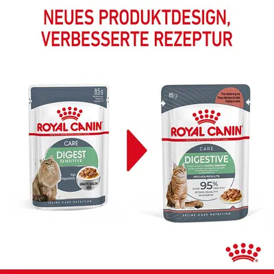 Royal Canin Digestive Care Katzenfutter, neues Produktdesign und verbesserte Rezeptur. Links: Digest Sensitive, rechts: Digestive mit 95% gesunder Stuhlqualität in 10 Tagen.