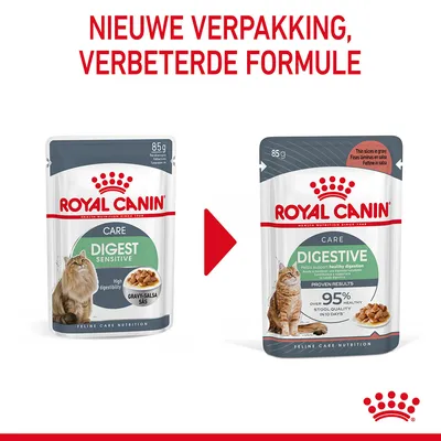 Royal Canin Care Digest Sensitive en Digestive kattenvoer 85g, nieuwe verpakking met verbeterde formule. Tekst: NIEUWE VERPAKKING, VERBETERDE FORMULE.