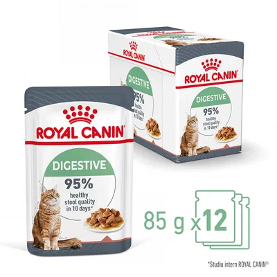 Royal Canin Digestive, 95% healthy stool quality in 10 days, pachet cu 12 plicuri a câte 85 g fiecare. Imaginea prezintă ambalajul și un castron cu hrană umedă pentru pisici.