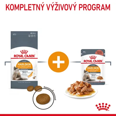 Royal Canin Hair & Skin suché krmivo pre mačky 38 dní, Royal Canin Hair & Skin kapsička 85 g, granule a kúsky v omáčke. Text: Kompletný výživový program.