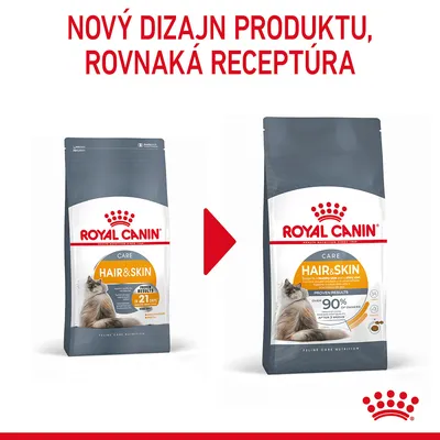 ROYAL CANIN CARE HAIR & SKIN pre mačky, porovnanie starého a nového dizajnu balenia. Text: Nový dizajn produktu, rovnaká receptúra.