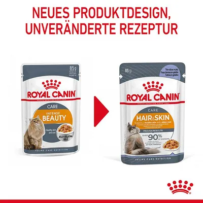 Royal Canin Produktdesignänderung: Intense Beauty wird zu Hair & Skin. Unveränderte Rezeptur, unterstützt gesunde Haut und glänzendes Fell. Verpackungsgrösse 85g.