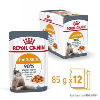 ROYAL CANIN HAIR & SKIN, 85 g x 12. Text: 90% of owners observed good skin and coat quality after 3 weeks. Balení kapsiček s obrázkem kočky a porcí krmiva.