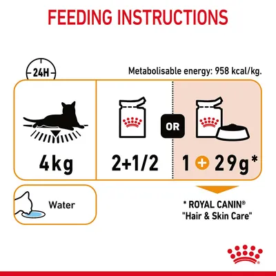 Feeding guide for 4kg cat: 2½ Royal Canin pouches or 1 pouch plus 29g dry. Metabolisable energy: 958 kcal/kg. Water shown. For Royal Canin Hair & Skin Care.