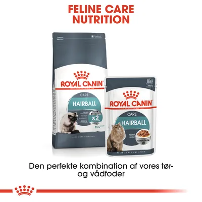 Royal Canin Care Hairball tørfoder og vådfoder til kat, tekst: Feline Care Nutrition, den perfekte kombination af vores tør- og vådfoder. 85 g pose og stor foderpose vises.